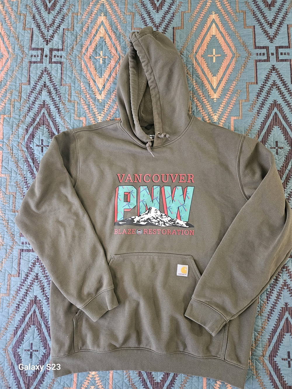 Carhartt Olive Green Vancouver PNW Graphic Hoodie with‎ Turquoise & Coral Logo
